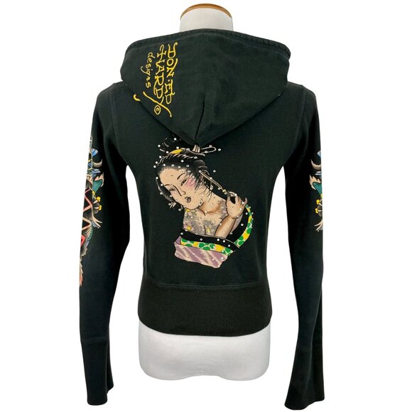 Vtg Y2K Ed Hardy Black Dragon Geisha Graphic Zip Up Hoodie | Grunge Streetwear S - Picture 7 of 13